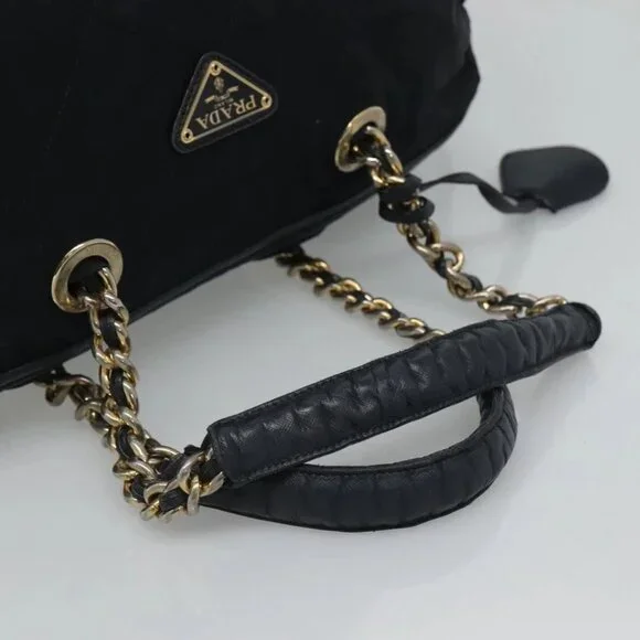 PRADA Chain Shoulder Bag Nylon Navy Gold Auth bs24456